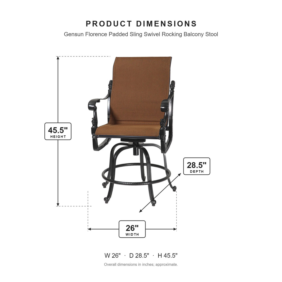 Gensun Florence Padded Sling Swivel Rocking Balcony Stool dimensions: 26 in W x 28.5 in D x 45.5 in H