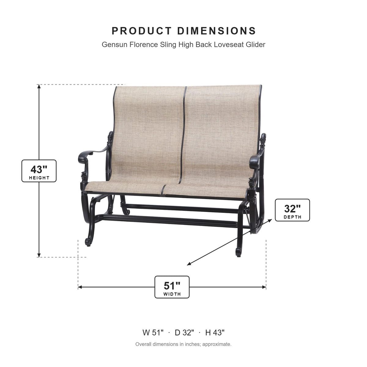 Gensun Florence Sling High Back Loveseat Glider dimensions: 51 in W x 32 in D x 43 in H
