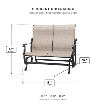 Gensun Florence Sling High Back Loveseat Glider dimensions: 51 in W x 32 in D x 43 in H