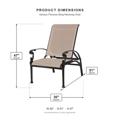 Gensun Florence Sling Reclining Chair dimensions: 30 in W x 51 in D x 47 in H