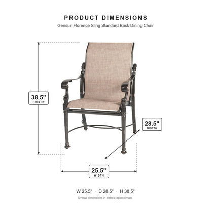 Gensun Florence Sling Standard Back Dining Chair dimensions: 25.5 in W x 28.5 in D x 38.5 in H