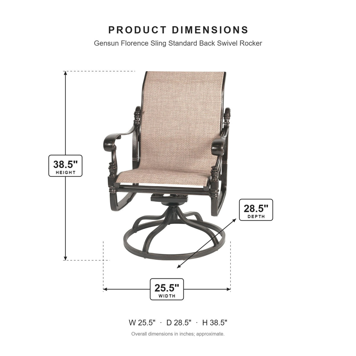Gensun Florence Sling Standard Back Swivel Rocker dimensions: 25.5 in W x 28.5 in D x 38.5 in H