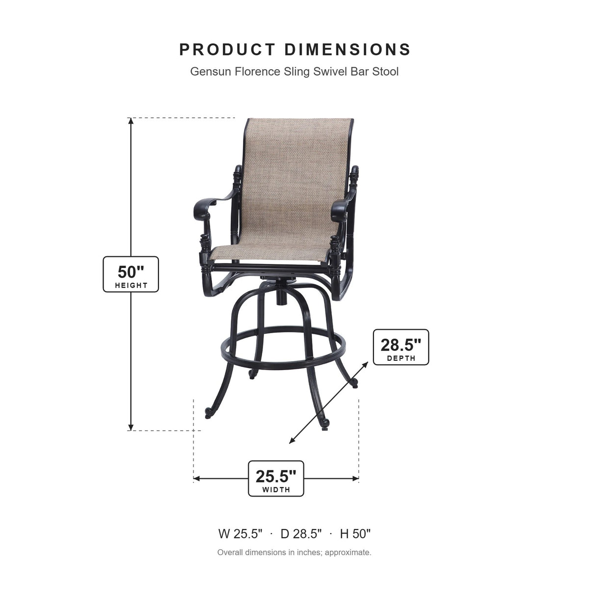 Gensun Florence Sling Swivel Bar Stool dimensions: 25.5 in W x 28.5 in D x 50 in H