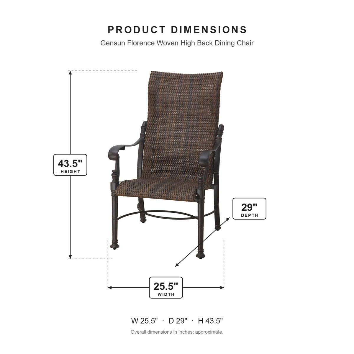 Gensun Florence Woven High Back Dining Chair dimensions: 25.5 in W x 29 in D x 43.5 in H