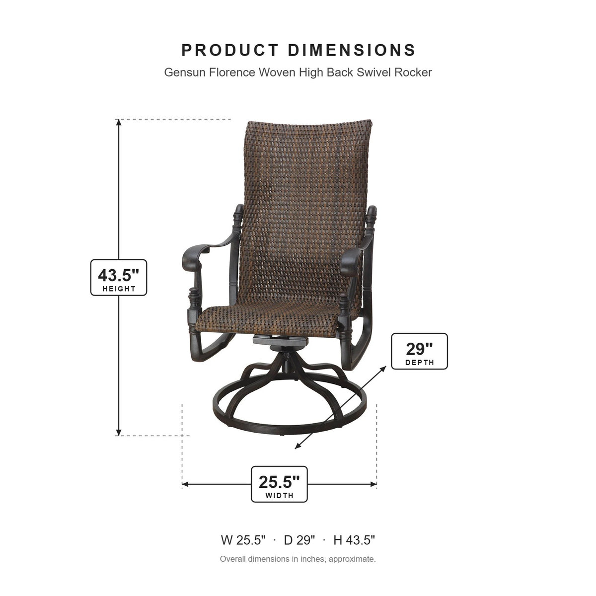 Gensun Florence Woven High Back Swivel Rocker dimensions: 25.5 in W x 29 in D x 43.5 in H