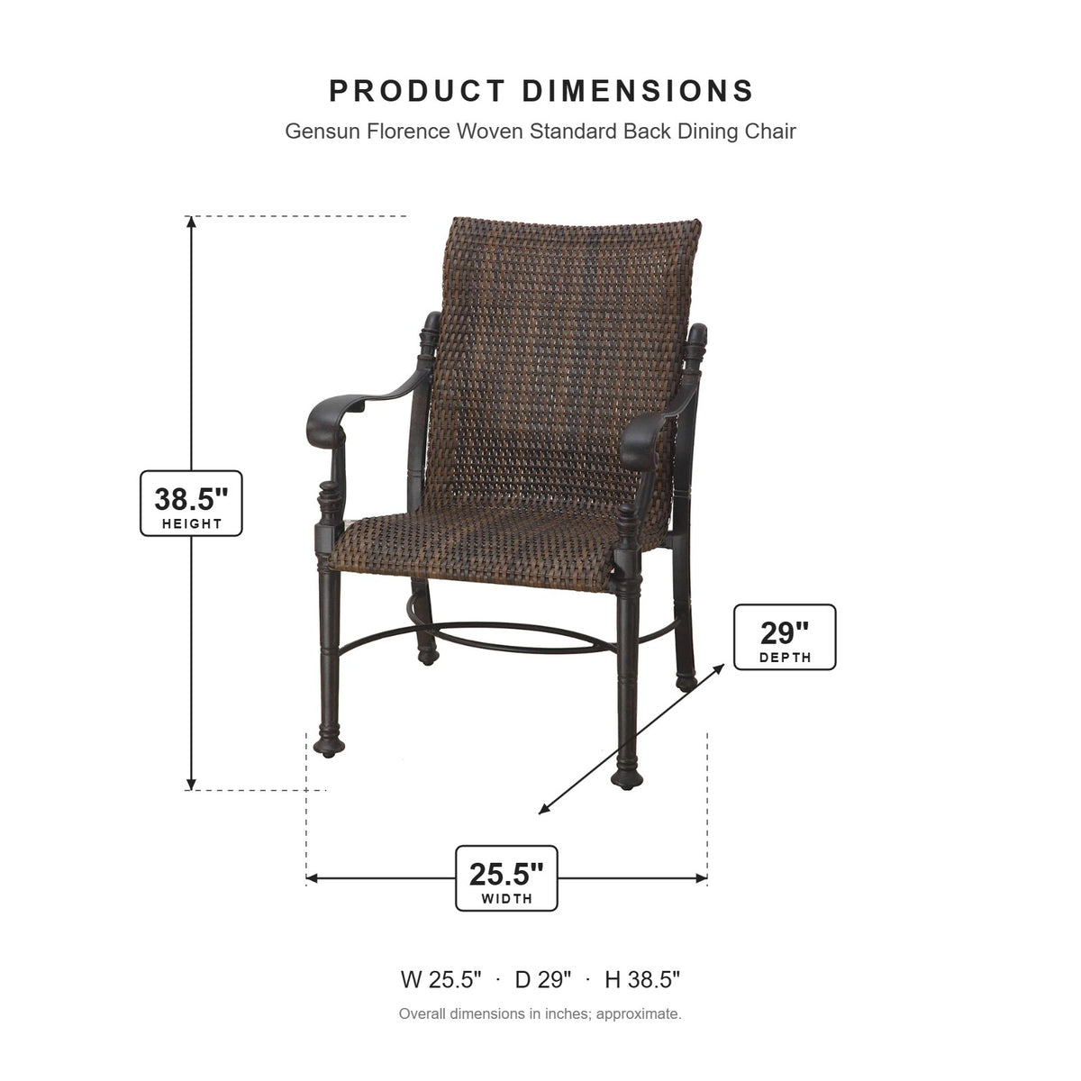 Gensun Florence Woven Standard Back Dining Chair dimensions: 25.5 in W x 29 in D x 38.5 in H