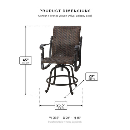 Gensun Florence Woven Swivel Balcony Stool dimensions: 25.5 in W x 29 in D x 45 in H