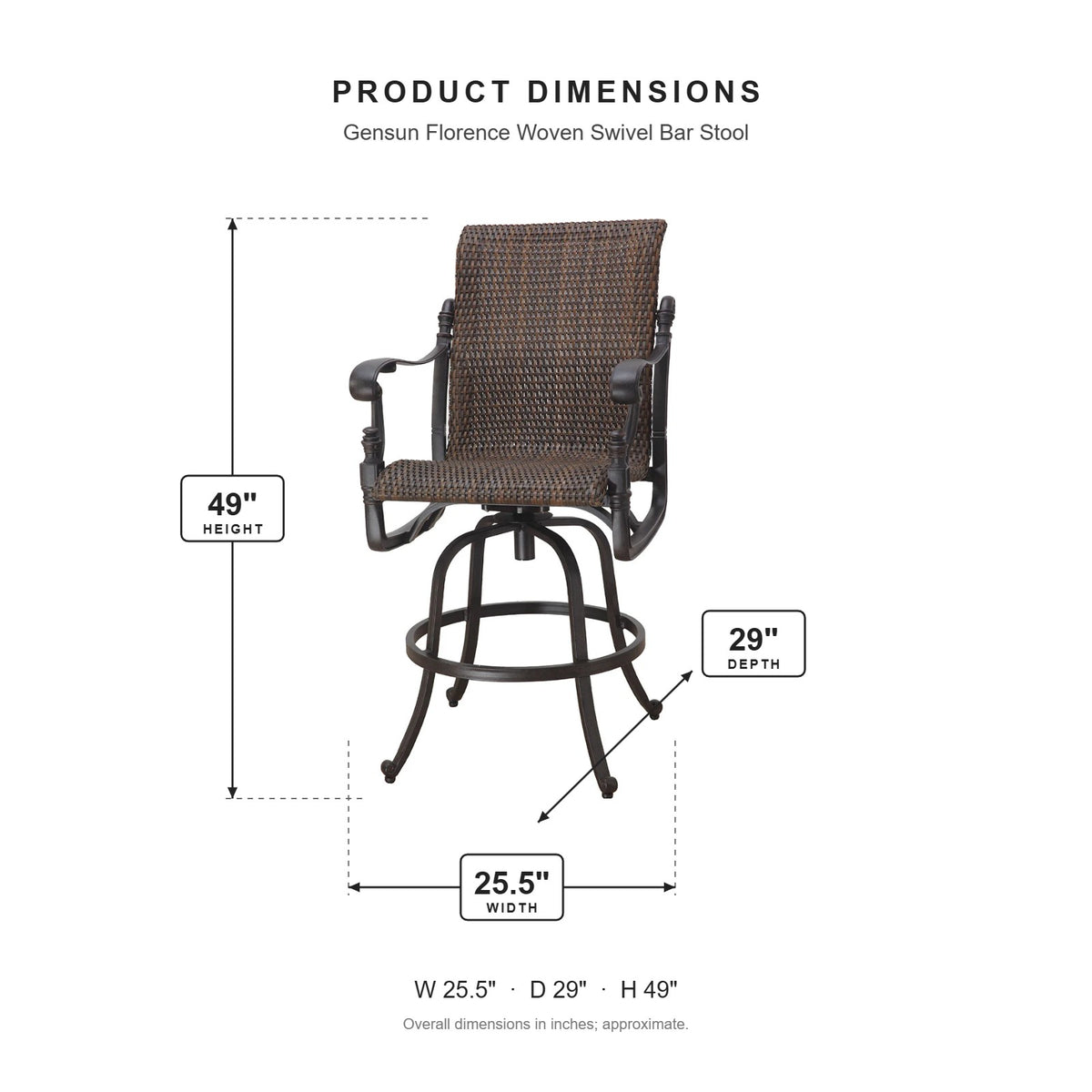 Gensun Florence Woven Swivel Bar Stool dimensions: 25.5 in W x 29 in D x 49 in H