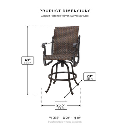 Gensun Florence Woven Swivel Bar Stool dimensions: 25.5 in W x 29 in D x 49 in H