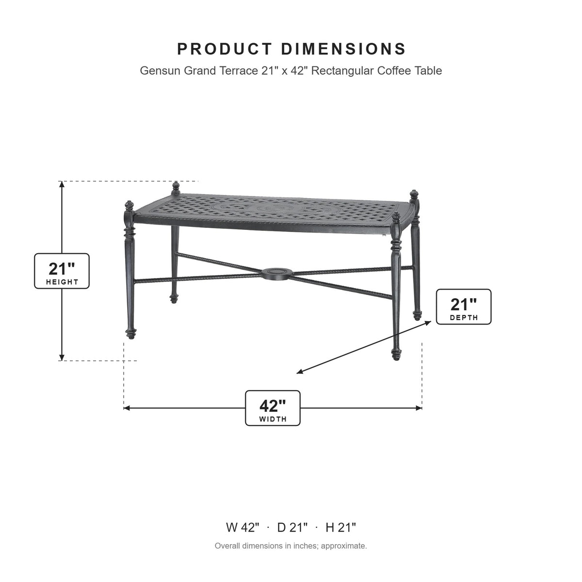Gensun Grand Terrace 21" x 42" Rectangular Coffee Table dimensions: 42 in W x 21 in D x 21 in H