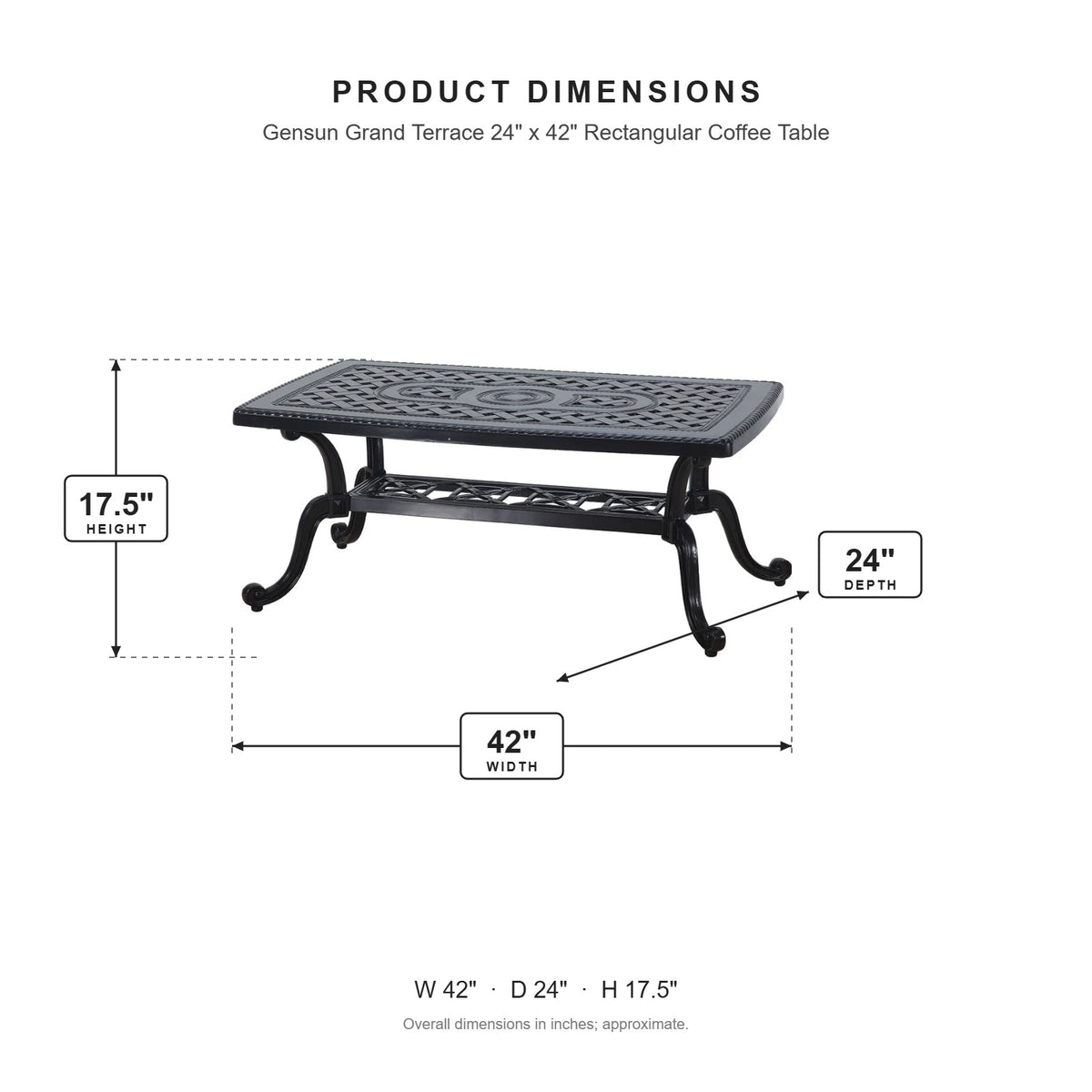 Gensun Grand Terrace 24" x 42" Rectangular Coffee Table dimensions: 42 in W x 24 in D x 17.5 in H