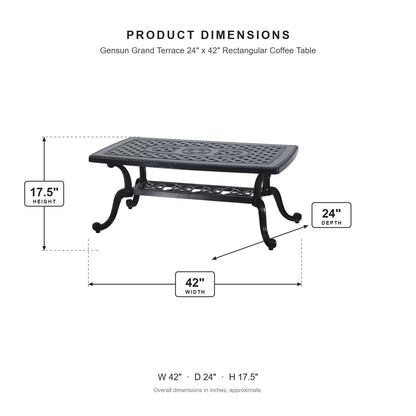 Gensun Grand Terrace 24" x 42" Rectangular Coffee Table dimensions: 42 in W x 24 in D x 17.5 in H