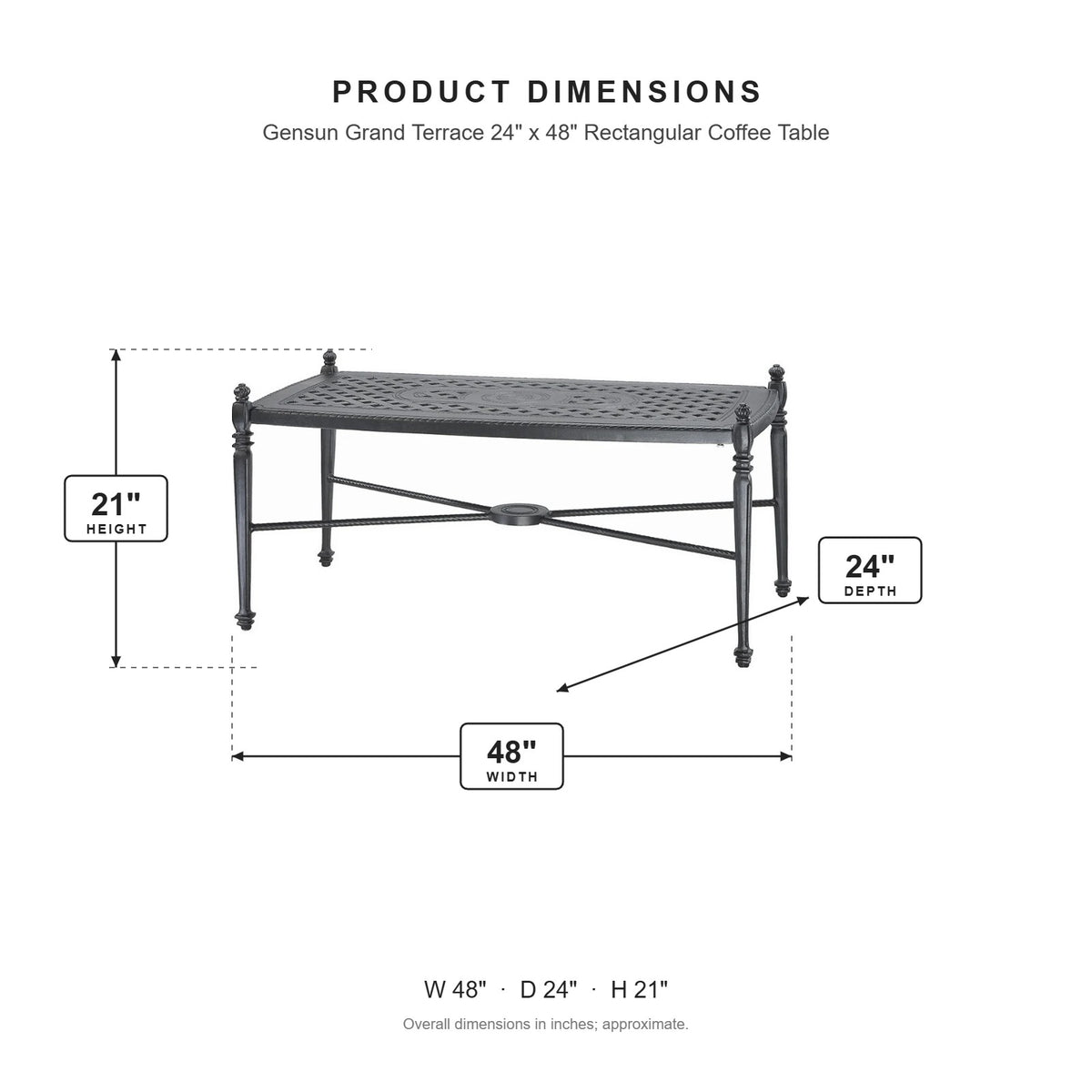 Gensun Grand Terrace 24" x 48" Rectangular Coffee Table dimensions: 48 in W x 24 in D x 21 in H