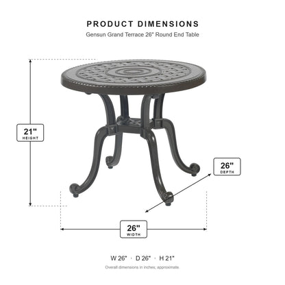 Gensun Grand Terrace 26" Round End Table dimensions: 26 in W x 26 in D x 21 in H