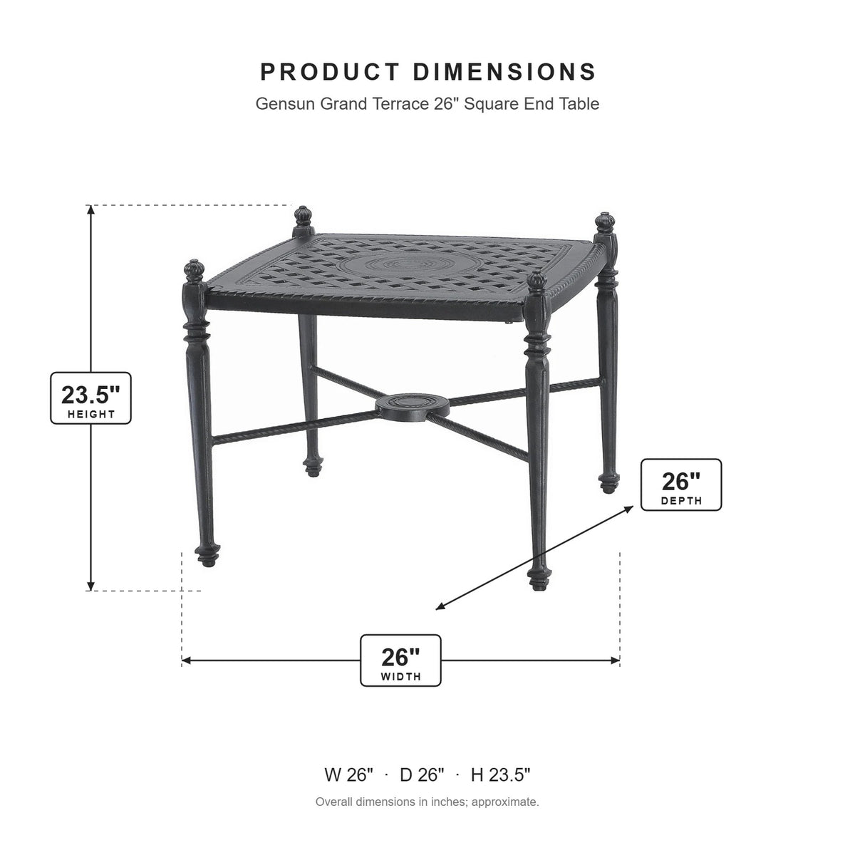 Gensun Grand Terrace 26" Square End Table dimensions: 26 in W x 26 in D x 23.5 in H