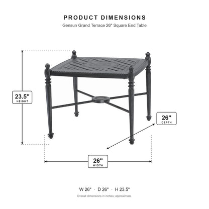Gensun Grand Terrace 26" Square End Table dimensions: 26 in W x 26 in D x 23.5 in H