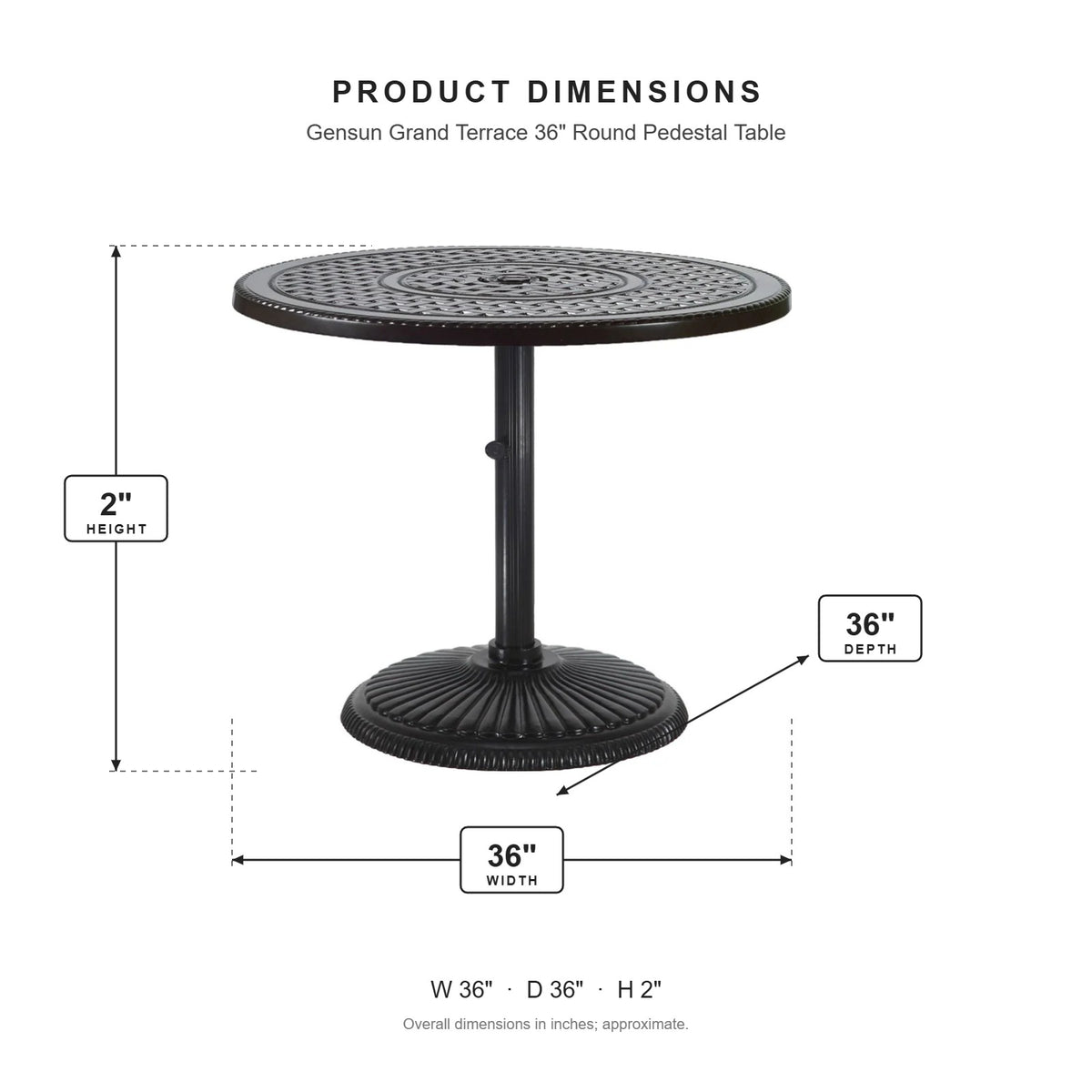 Gensun Grand Terrace 36" Round Pedestal Table dimensions: 36 in W x 36 in D x 2 in H