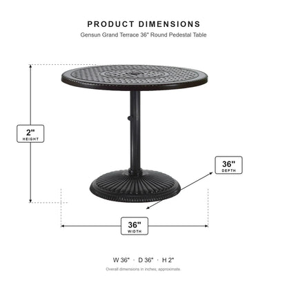 Gensun Grand Terrace 36" Round Pedestal Table dimensions: 36 in W x 36 in D x 2 in H
