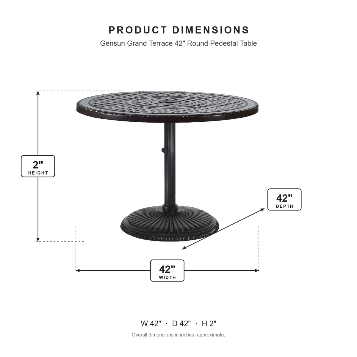 Gensun Grand Terrace 42" Round Pedestal Table dimensions: 42 in W x 42 in D x 2 in H