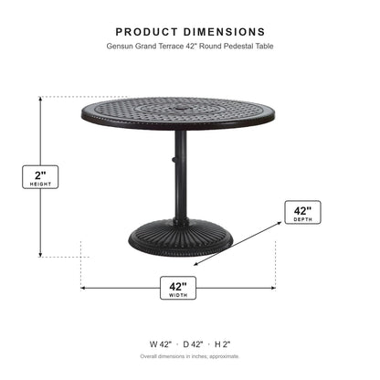 Gensun Grand Terrace 42" Round Pedestal Table dimensions: 42 in W x 42 in D x 2 in H