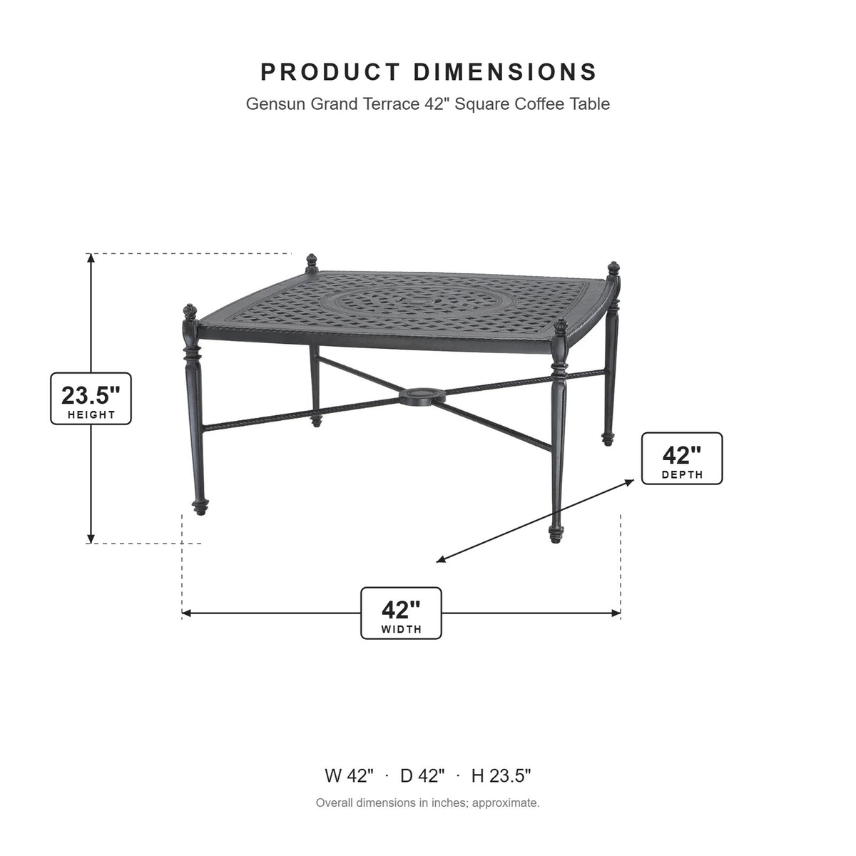 Gensun Grand Terrace 42" Square Coffee Table dimensions: 42 in W x 42 in D x 23.5 in H