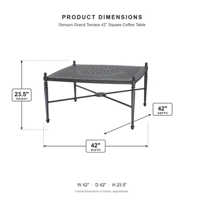 Gensun Grand Terrace 42" Square Coffee Table dimensions: 42 in W x 42 in D x 23.5 in H