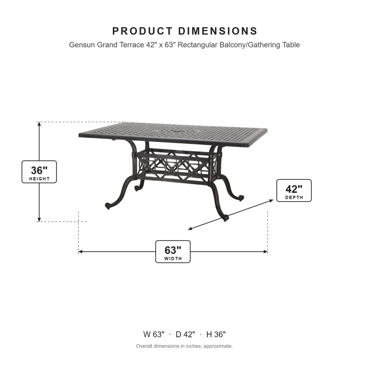 Gensun Grand Terrace 42" x 63" Rectangular Balcony/Gathering Table dimensions: 63 in W x 42 in D x 36 in H