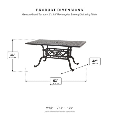 Gensun Grand Terrace 42" x 63" Rectangular Balcony/Gathering Table dimensions: 63 in W x 42 in D x 36 in H