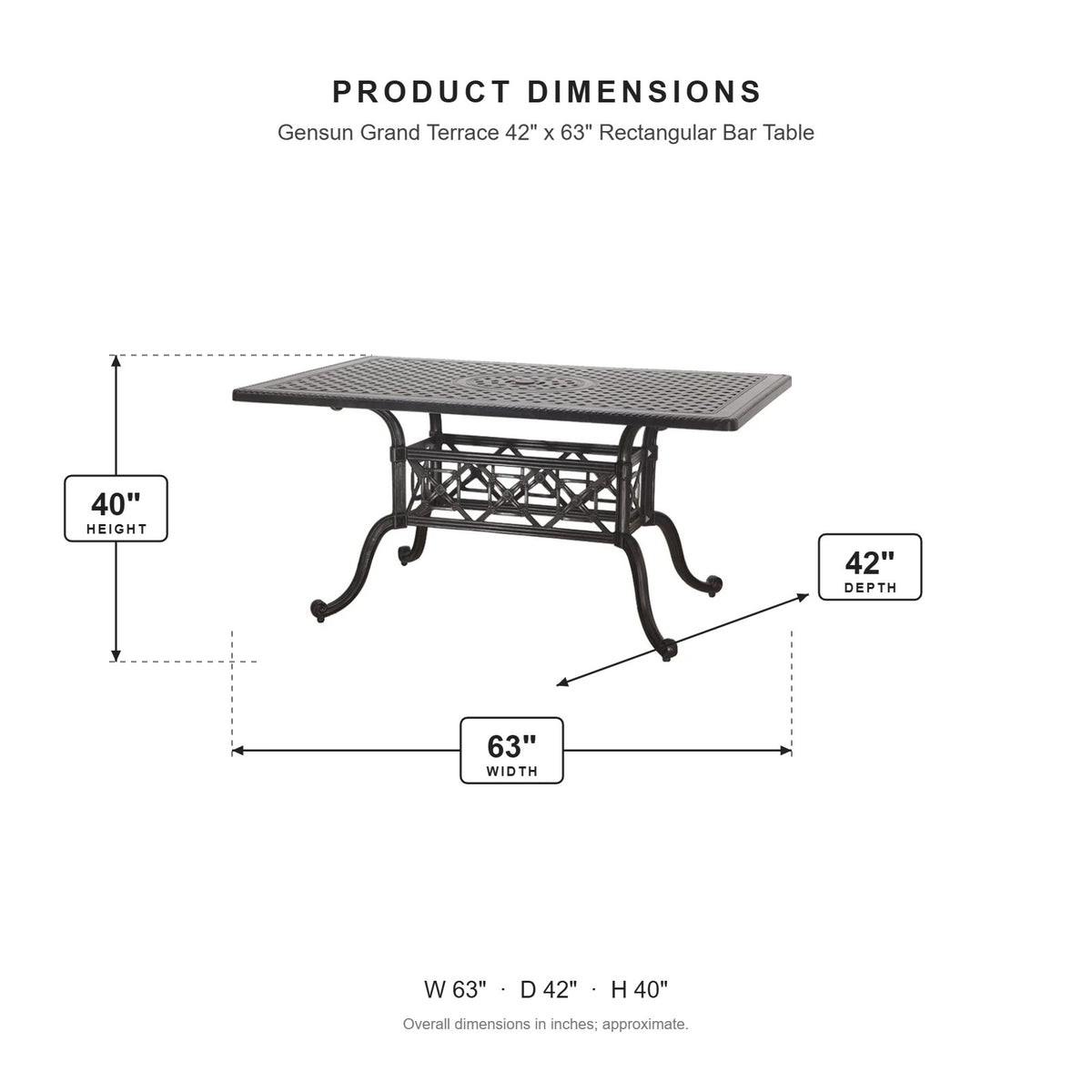 Gensun Grand Terrace 42" x 63" Rectangular Bar Table dimensions: 63 in W x 42 in D x 40 in H