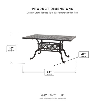 Gensun Grand Terrace 42" x 63" Rectangular Bar Table dimensions: 63 in W x 42 in D x 40 in H