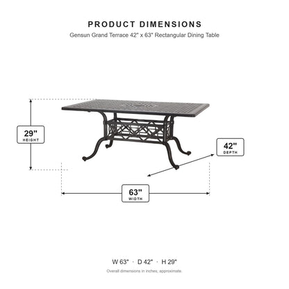 Gensun Grand Terrace 42" x 63" Rectangular Dining Table dimensions: 63 in W x 42 in D x 29 in H