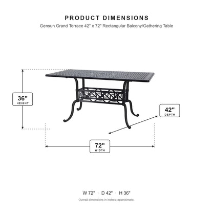 Gensun Grand Terrace 42" x 72" Rectangular Balcony/Gathering Table dimensions: 72 in W x 42 in D x 36 in H