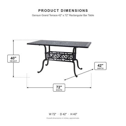 Gensun Grand Terrace 42" x 72" Rectangular Bar Table dimensions: 72 in W x 42 in D x 40 in H