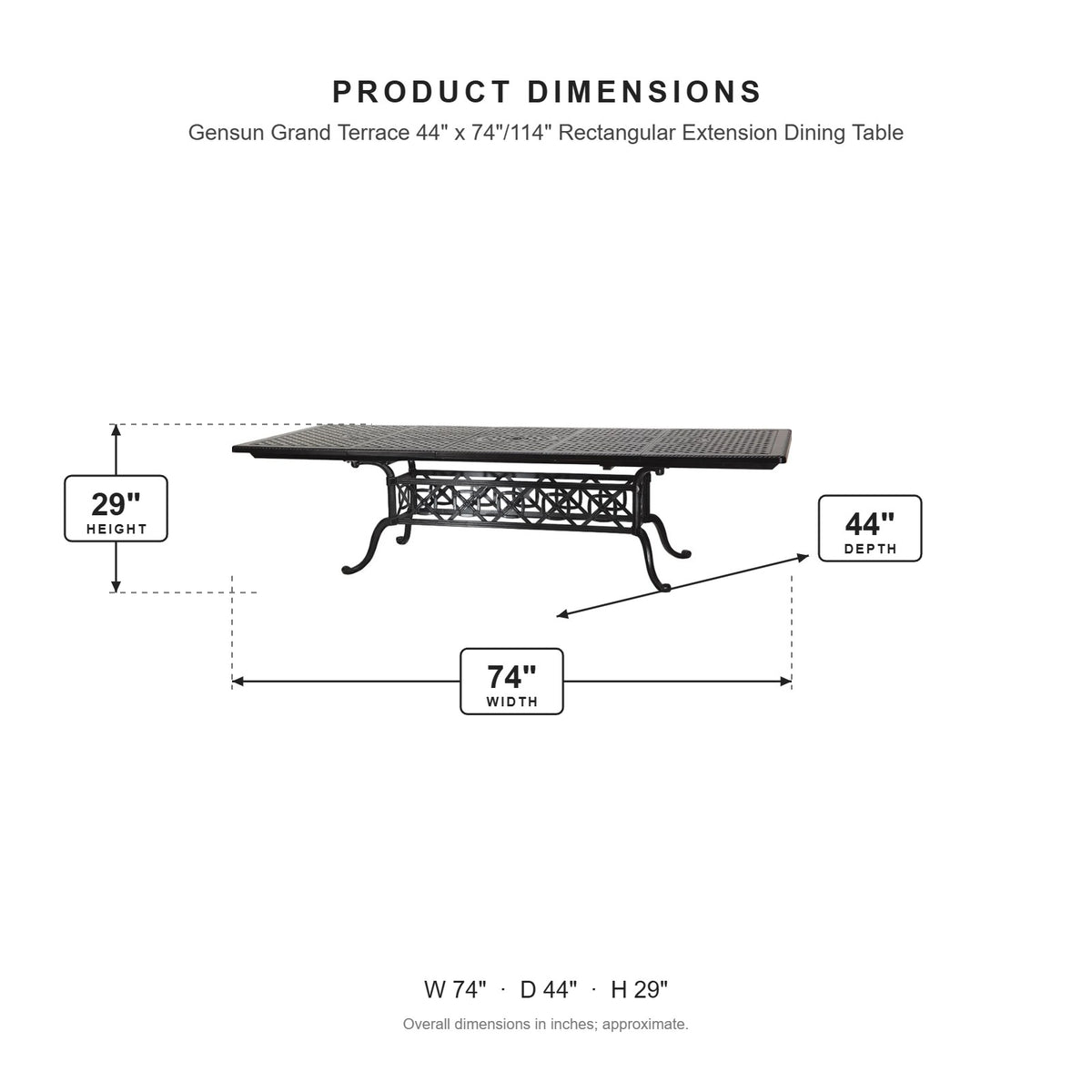 Gensun Grand Terrace 44" x 74"/114" Rectangular Extension Dining Table dimensions: 74 in W x 44 in D x 29 in H