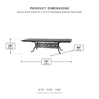 Gensun Grand Terrace 44" x 74"/114" Rectangular Extension Dining Table dimensions: 74 in W x 44 in D x 29 in H