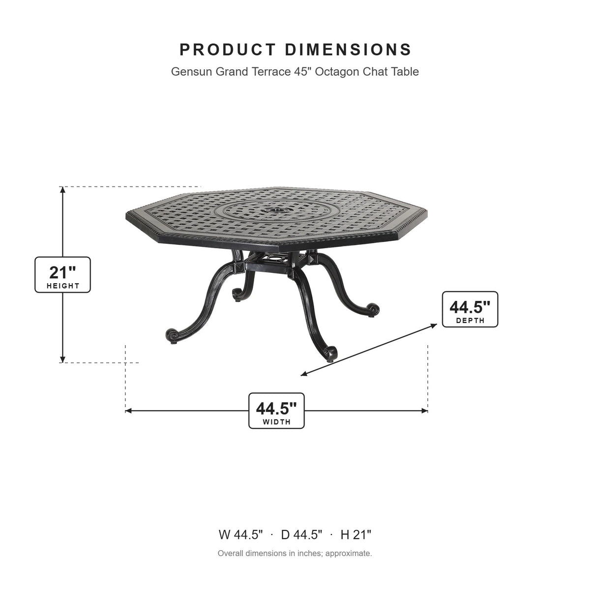 Gensun Grand Terrace 45" Octagon Chat Table dimensions: 44.5 in W x 44.5 in D x 21 in H