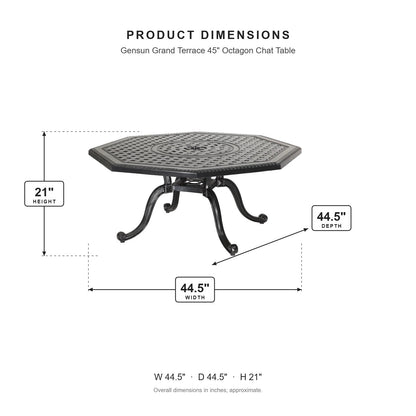 Gensun Grand Terrace 45" Octagon Chat Table dimensions: 44.5 in W x 44.5 in D x 21 in H