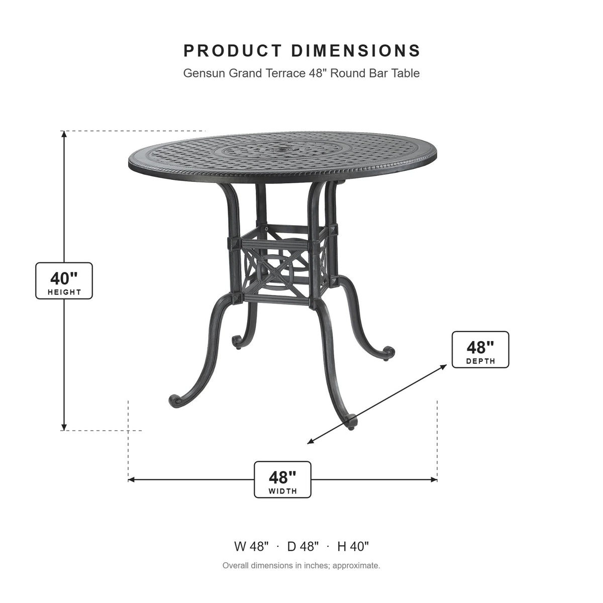Gensun Grand Terrace 48" Round Bar Table dimensions: 48 in W x 48 in D x 40 in H