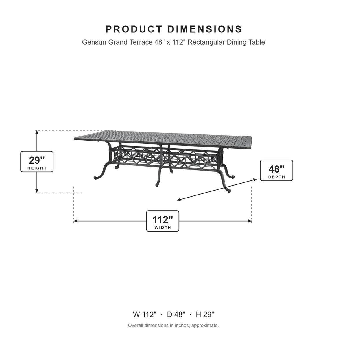 Gensun Grand Terrace 48" x 112" Rectangular Dining Table dimensions: 112 in W x 48 in D x 29 in H
