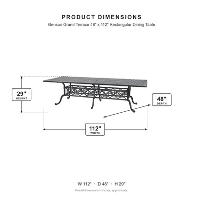 Gensun Grand Terrace 48" x 112" Rectangular Dining Table dimensions: 112 in W x 48 in D x 29 in H