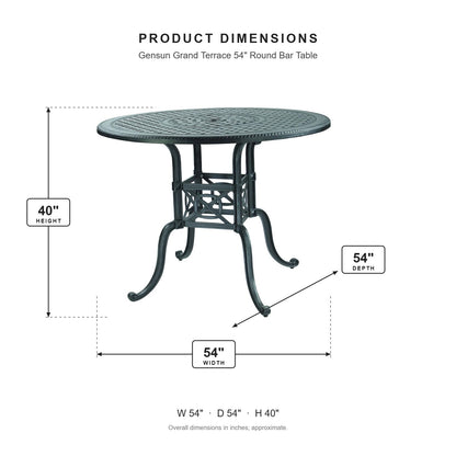 Gensun Grand Terrace 54" Round Bar Table dimensions: 54 in W x 54 in D x 40 in H