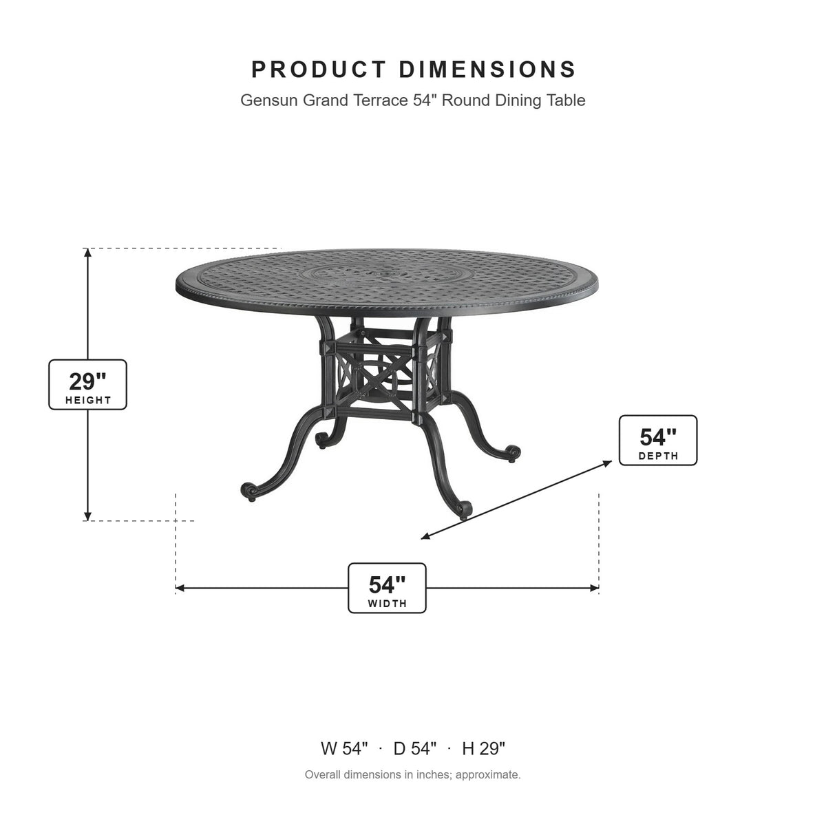 Gensun Grand Terrace 54" Round Dining Table dimensions: 54 in W x 54 in D x 29 in H