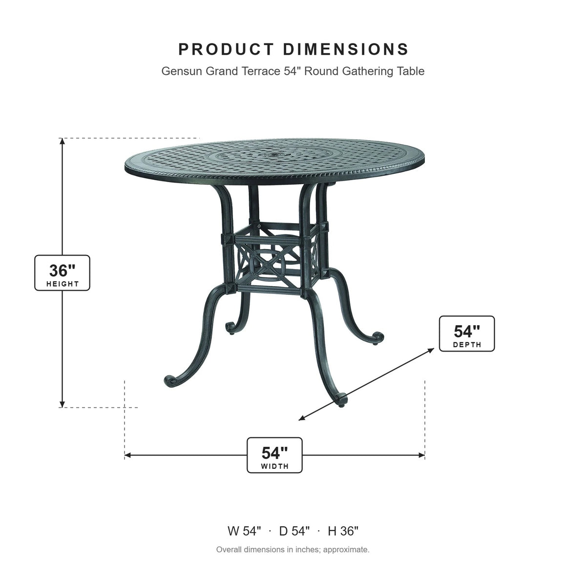 Gensun Grand Terrace 54" Round Gathering Table dimensions: 54 in W x 54 in D x 36 in H
