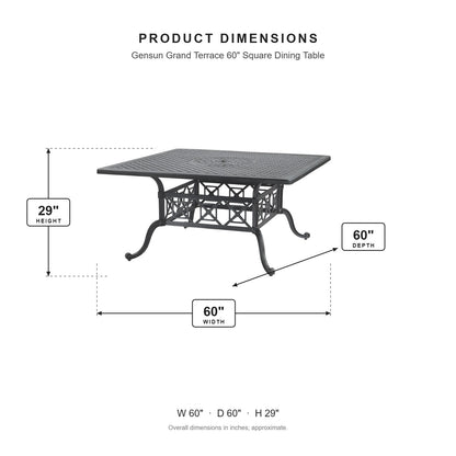 Gensun Grand Terrace 60" Square Dining Table dimensions: 60 in W x 60 in D x 29 in H