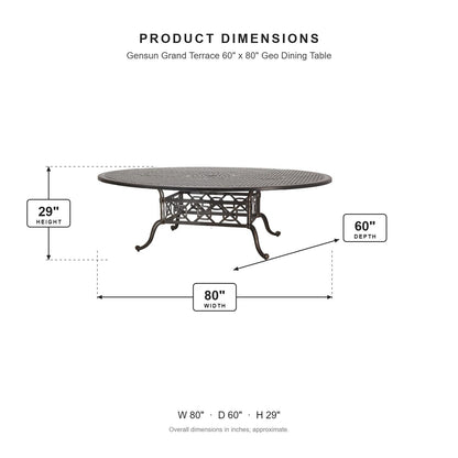 Gensun Grand Terrace 60" x 80" Geo Dining Table dimensions: 80 in W x 60 in D x 29 in H