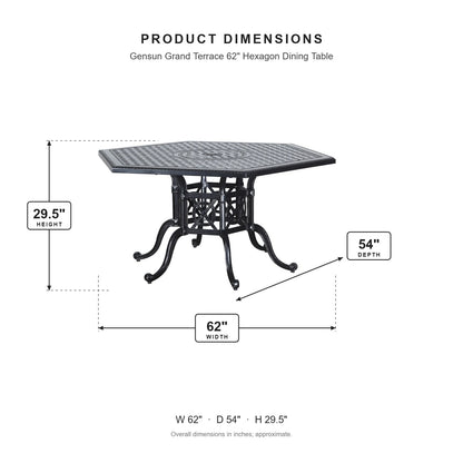 Gensun Grand Terrace 62" Hexagon Dining Table dimensions: 62 in W x 54 in D x 29.5 in H