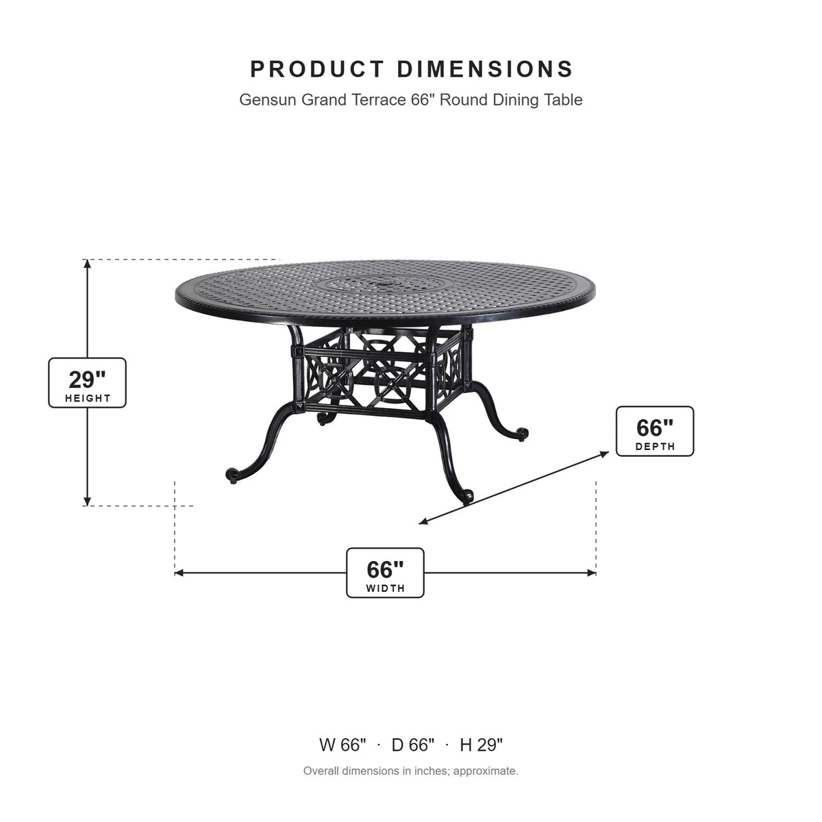 Gensun Grand Terrace 66" Round Dining Table dimensions: 66 in W x 66 in D x 29 in H