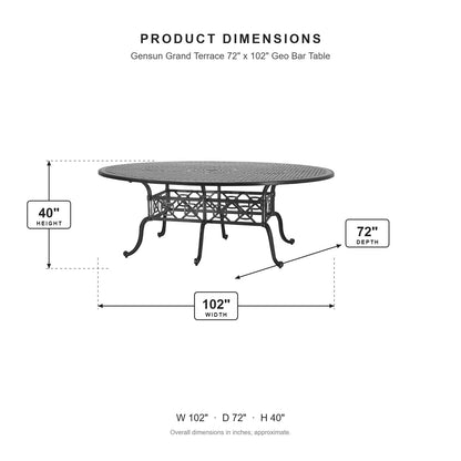 Gensun Grand Terrace 72" x 102" Geo Bar Table dimensions: 102 in W x 72 in D x 40 in H