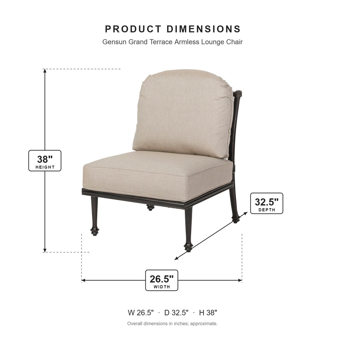 Gensun Grand Terrace Armless Lounge Chair dimensions: 26.5 in W x 32.5 in D x 38 in H