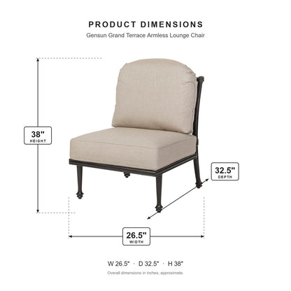 Gensun Grand Terrace Armless Lounge Chair dimensions: 26.5 in W x 32.5 in D x 38 in H